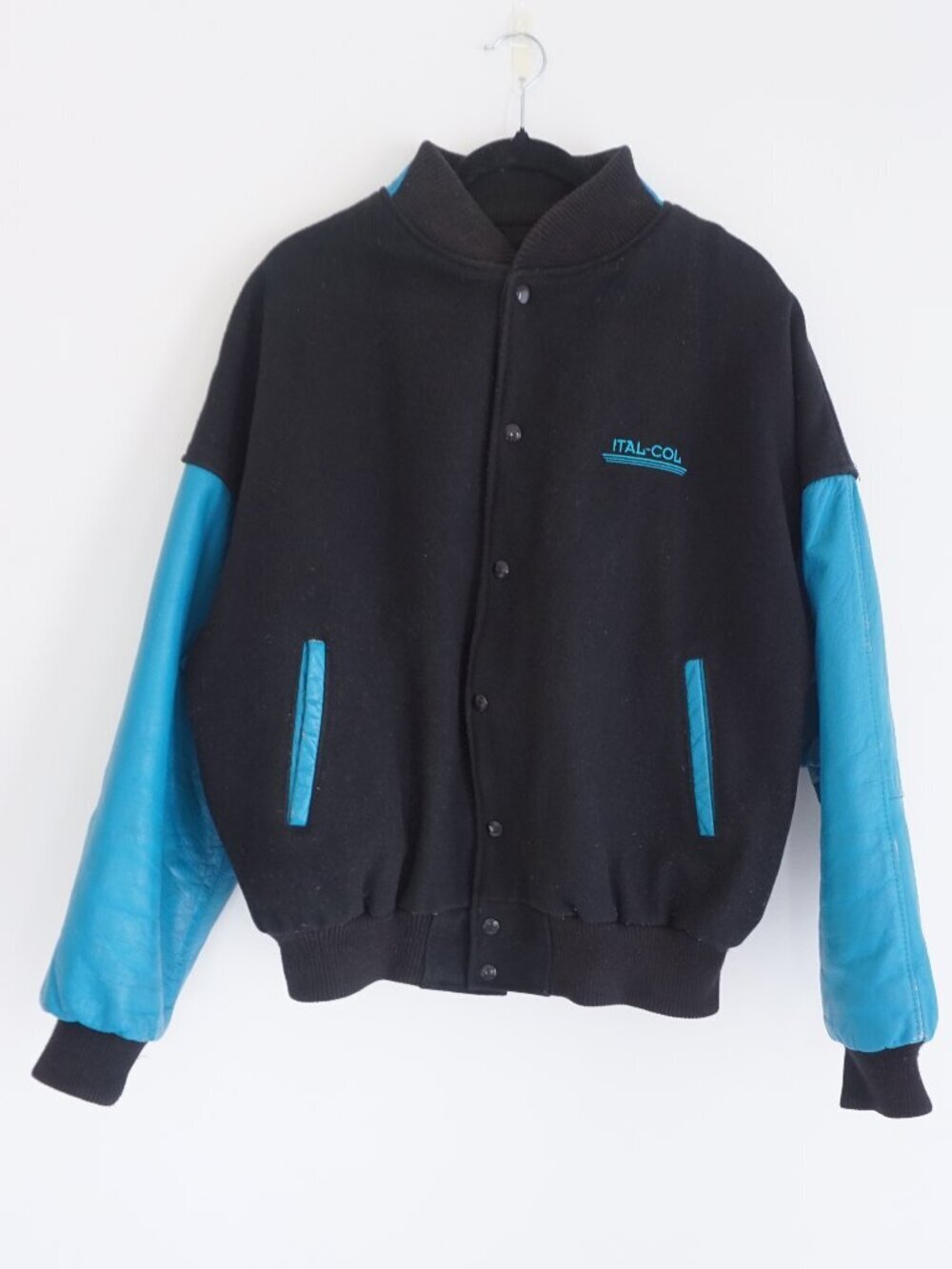 Export Leather Blue Colorblock Snap Front Logo Embroidered Varsity Jacket XL